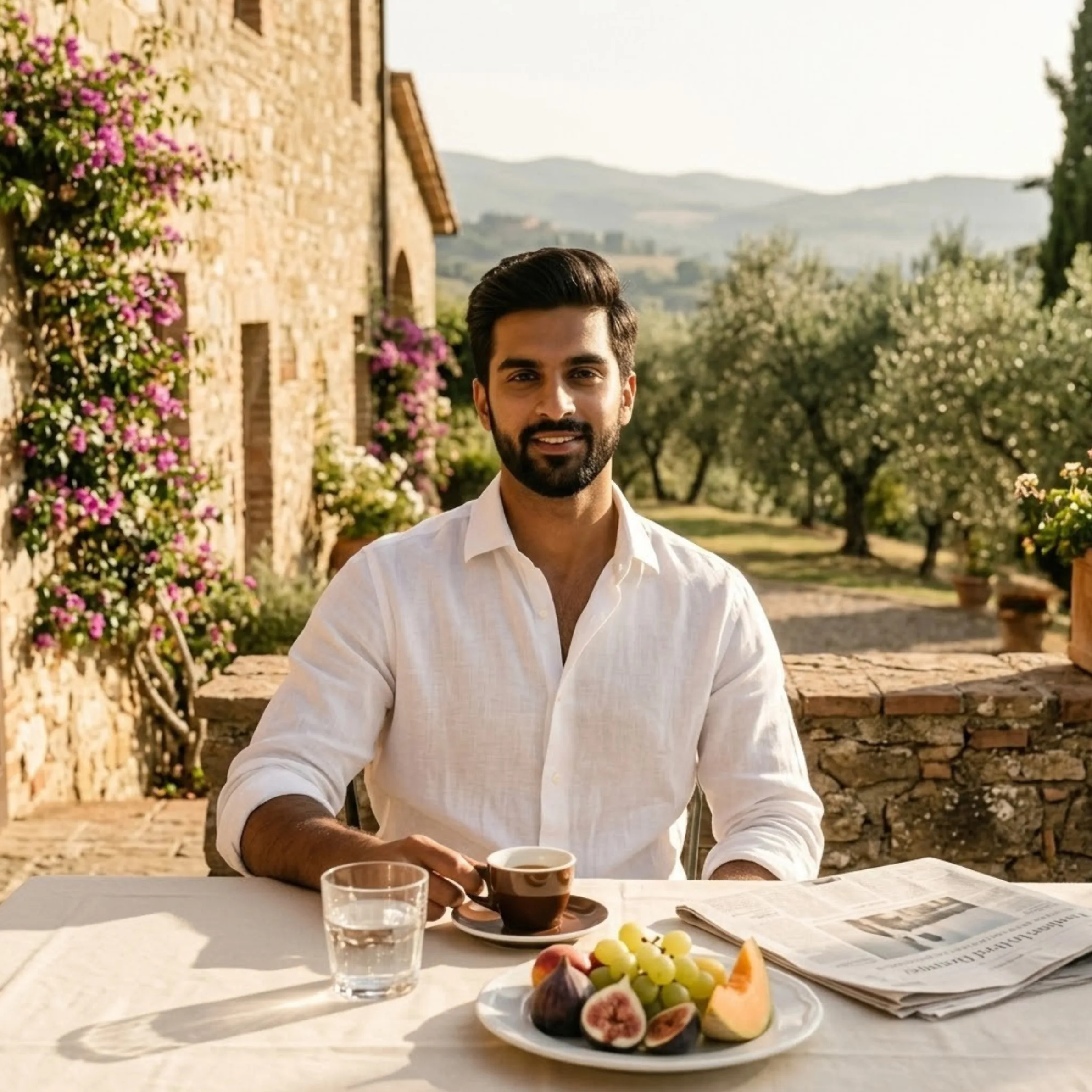 Prompt 10 Italian villa breakfast portrait with warm cinematic morning light